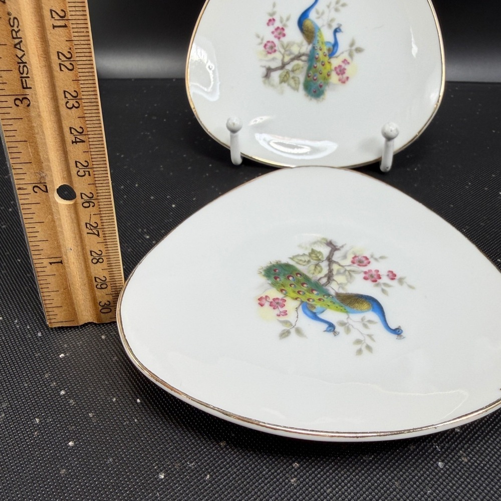 Cerpac Peru Peacock Porcelain Plate Dish Set 4 Triangular Gold Rim Butter Pat - Picture 3 of 10